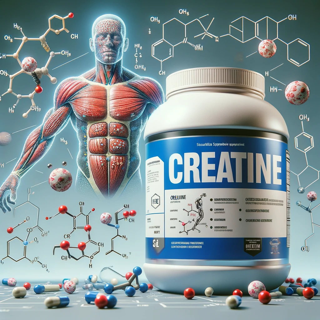 This picture represents creatine by showing its molecule and showing a tub of it people buy to use