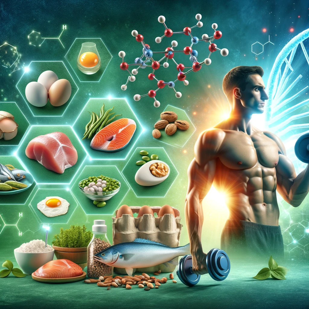 This picture shows various foods that are high in protein. It also uses the protein molecule as a background. On the right the picture shows a muscular man to show how important it is to eat proteins for your muscles