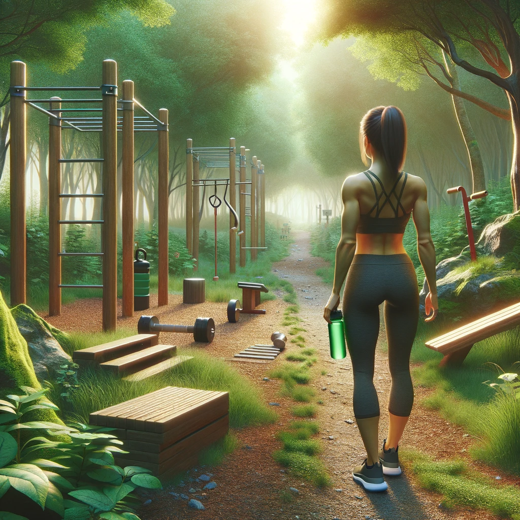 This image shows a woman that is about to start her fitness journey. The forest environment with fitness aspects to it symbolizes the journey she is about to begin