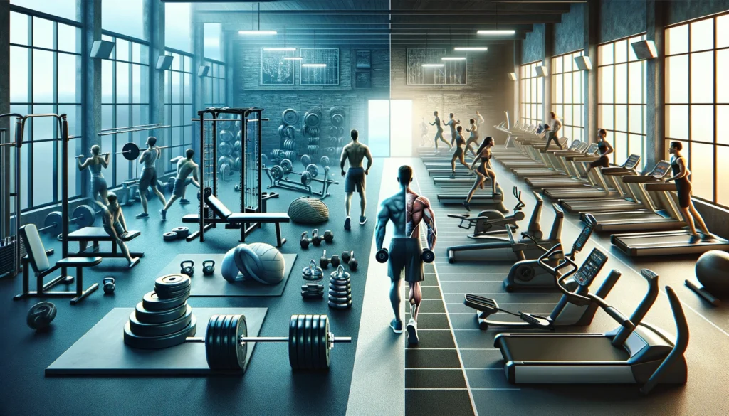 Here is an image that represents both strength training and cardio in a gym setting. It shows a person engaging in weightlifting exercises on one side and using a treadmill for cardio on the other, symbolizing a balanced approach to fitness.