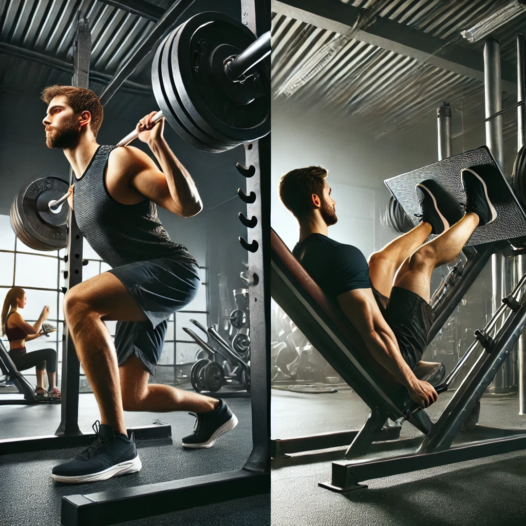 Two men at the gym, one using free weights and one using a machine