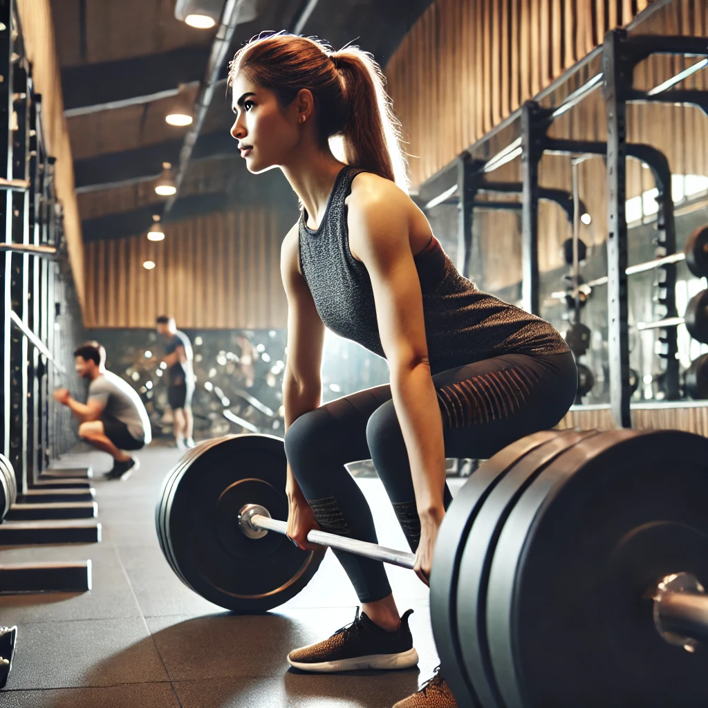 Woman working out in a gym, lifting weights