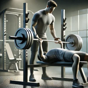 Two gym goers working out in a gym, applying progressive overload by adding weights to a bench press.