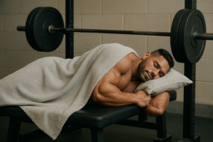 Person resting/taking a nap on a bench press machine inbetween sets during a workout